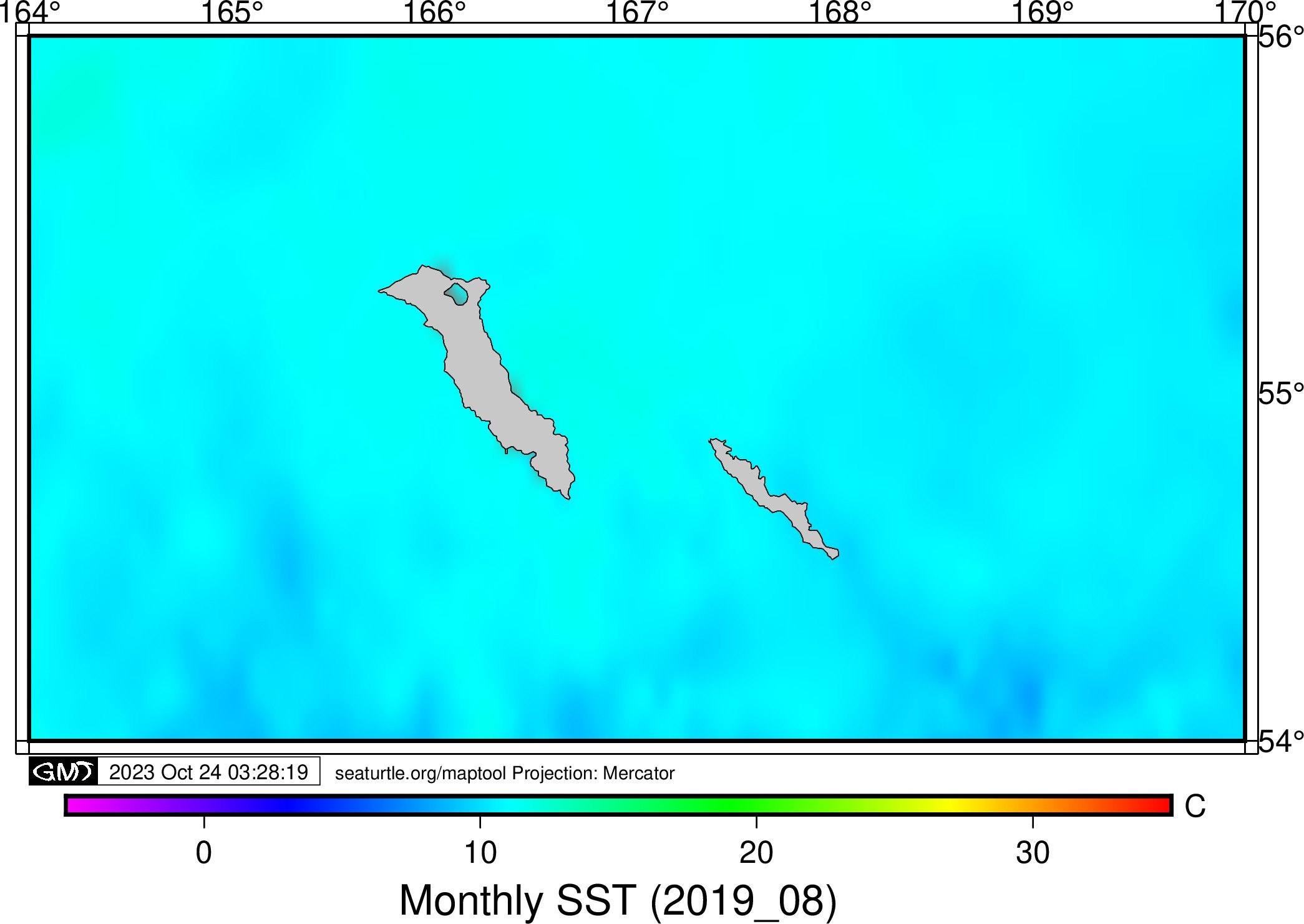 Данные температуры приповерхностного слоя воды вокруг Командорских островов, полученные благодаря спутниковым снимкам в 2019 году.
