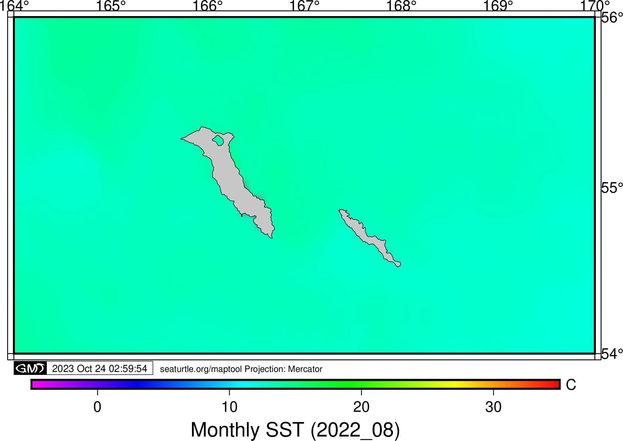 Данные температуры приповерхностного слоя воды вокруг Командорских островов, полученные благодаря спутниковым снимкам в 2022 году