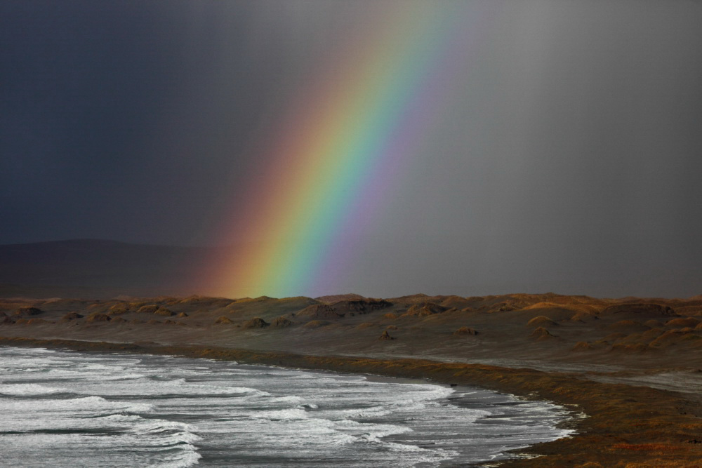 Rainbow in tundra above Nikolsky Reid Bay, Bering Island