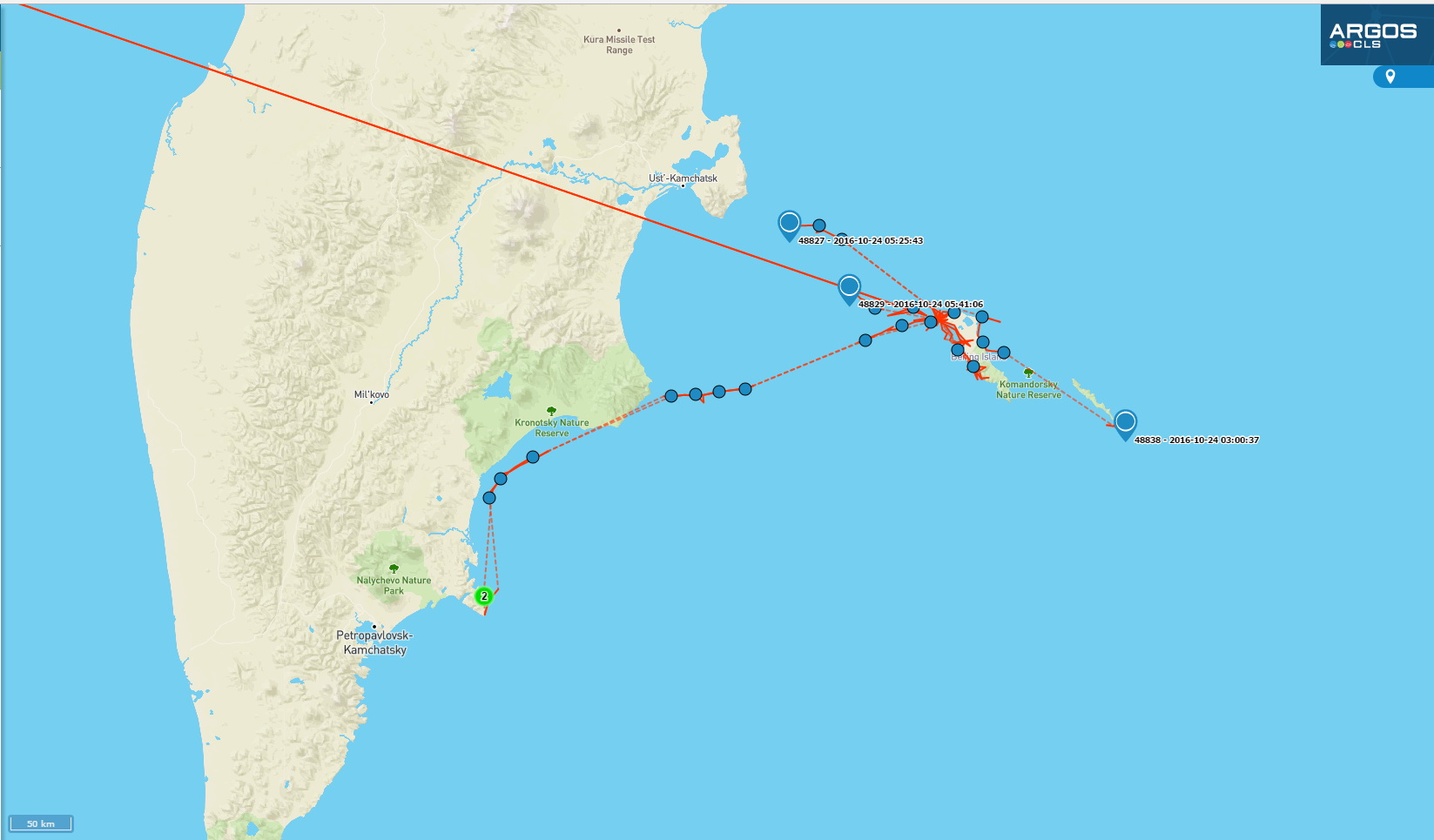 GPS track of the tagged sea lions. One female and its pup are near Kamchatka peninsular.