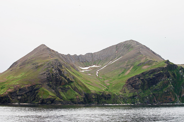 The glacial trough on Medny Island is the evidence of Quaternary glaciation on the Commander Islands. Photograph by Eugene Mamaev